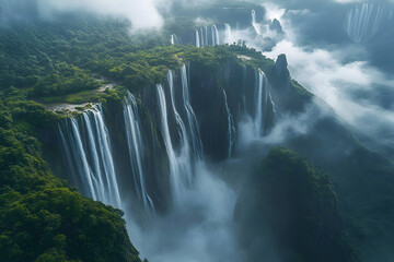 Aerial View Of Lush Green Forest Waterfalls In Mist