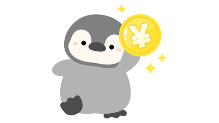 お金とペンギン、円マークのコインのベクターイラスト