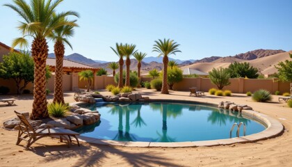 Fototapeta premium Desert Oasis An inviting oasis in the desert, with palm trees, a calm pool of water, and a clear, sunny sky.