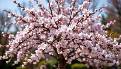 Flowering Tree A stunning cherry blossom tree in full bloom, with delicate petals gently falling to the ground, capturing a moment of spring beauty.