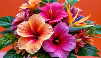 Tropical Bouquet A tropical arrangement featuring colorful exotic flowers like hibiscus and bird of paradise, set against a vibrant backdrop.