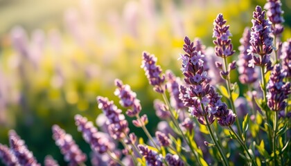 Obraz premium Soft sunlight illuminates delicate lavender blossoms, tranquil purple hues , blossom, botanical