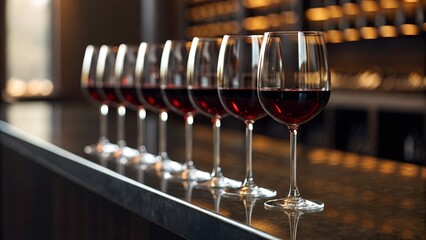 A row of elegant wine glasses filled with rich red wine sits on a sleek dark counter, illuminated by a warm ambient light, creating a sophisticated and inviting atmosphere. 
