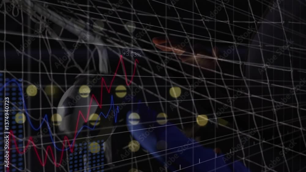 Poster interacting with digital interface, person viewing graph lines and data points animation