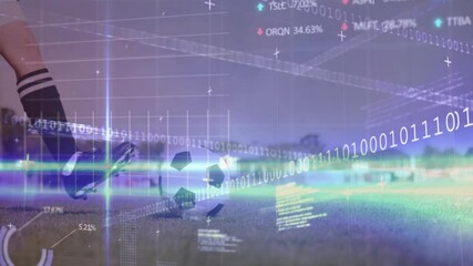 Soccer player on field with digital data and binary code overlay animation - Powered by Adobe