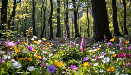 Obraz premium Woodland Flowers A serene woodland scene filled with wildflowers, dappled sunlight filtering through the trees, creating a serene and secretive space.