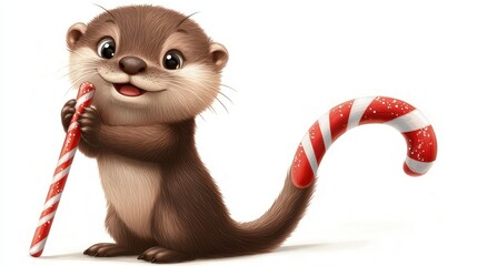 Fototapeta premium Cute Otter with Candy Cane