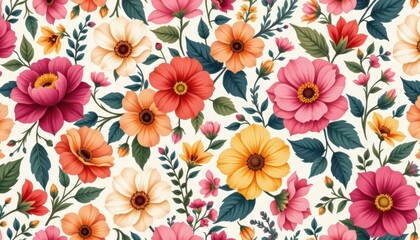 Floral Wallpaper Design A seamless floral pattern for wallpaper, featuring an array of blooms in complementary colors and styles for an inviting home atmosphere.