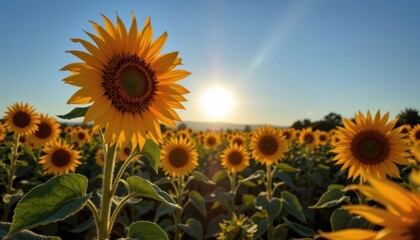 Fototapeta premium Sunflower Reflection A scenic view of a field of sunflowers reflecting the bright sun, creating a warm, inviting ambiance with a blue sky overhead.