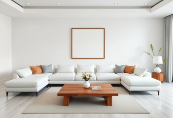 Spacious minimalist living room, large white sofa, wooden coffee table, blank framed wall art, scandi, airy