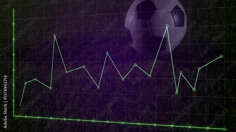 Poster animation of soccer ball on grass with fluctuating line graph in background