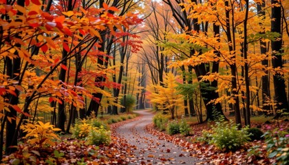 Autumn Forest Walk A vibrant autumn forest filled with trees showcasing orange, red, and yellow leaves, a soft path winding through fallen foliage.