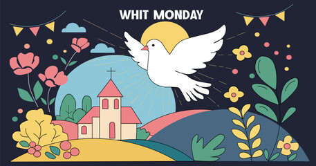 Whit Monday Celebration with Church and Holy Dove - Festive Religious Illustration