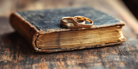 Wedding Rings Resting On An Old Book With Gilded Pages