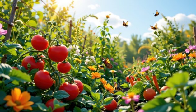 Sunlit Vegetable Patch A vibrant vegetable patch filled with ripe tomatoes, carrots, and leafy greens, with butterflies and bees buzzing happily around.