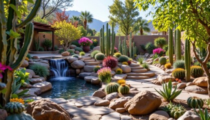Cactus Sanctuary A serene sanctuary with a variety of cacti, meditation spots, and a gentle waterfall, creating a peaceful atmosphere for relaxation.