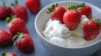 Savoring perfection: cream pairing, strawberry freshness, dessert artistry, smooth texture, elegant dish, sweet harmony, flavorful creation, gourmet appeal, refined plating, balanced taste.