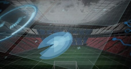 Futuristic data processing animation over empty soccer stadium with cloudy sky - Powered by Adobe