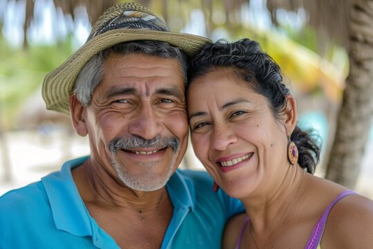 Smiling portrait of a middle aged Hispanic couple on a vacation on a tropic beach - Powered by Adobe