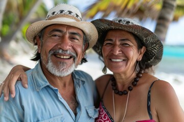 Smiling portrait of a middle aged Hispanic couple on a vacation on a tropic beach