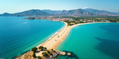 Stunning aerial panorama of Pefkochori beach, golden sands, turquoise sea, Greek architecture, coastal town, Kassandra peninsula, Mediterranean, drone shot