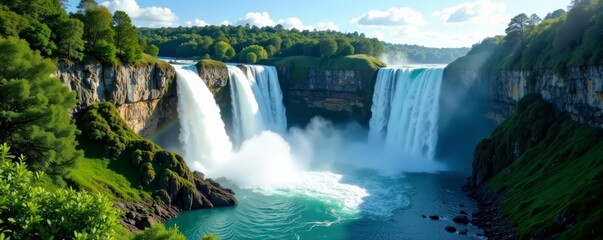 Naklejka premium Stunning panoramic view of tall waterfall surrounded by greenery, tranquil, majestic, picturesque