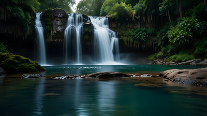 Serene Waterfall Cascading Rocks Lush Tropical Foliage Teal Pool