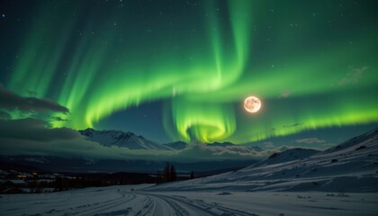 Aurora and the Moon A breathtaking sight of the Northern Lights illuminating the night sky, with a shining moon peeking through wispy clouds.