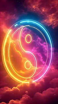 Colorful neon yin yang symbol glowing in vibrant skies, representing balance and harmony.