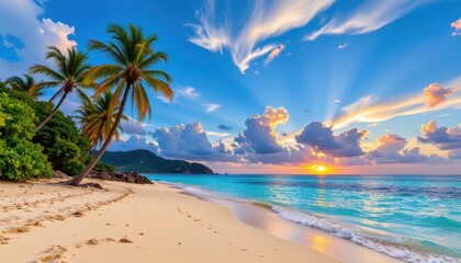 Obraz premium Tropical Beach Paradise A stunning tropical beach with crystal clear turquoise waters, golden sand, palm trees swaying in the breeze, and a vibrant sunset in the background.