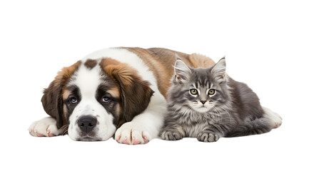 Obraz premium Dog and Cat Lying Down Together Resting Side By Side Calmly