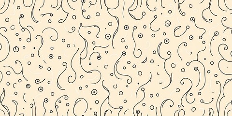 Subtle, flowing doodles in muted tones form a continuous, organic pattern ideal for textile printing, wallpaper, background