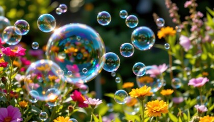 Floating Bubbles in Nature An enchanting outdoor scene featuring floating bubbles of various sizes reflecting sunlight, surrounded by vibrant flowers and greenery.