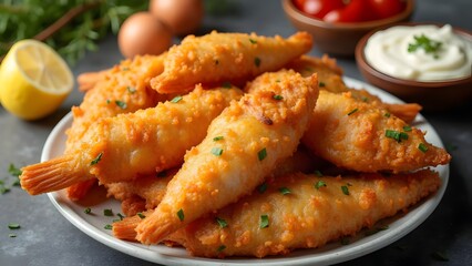 Fototapeta premium Delicious fried shrimp tempura with lemon and garnishes on a white plate