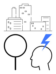 Cityscape illustration with research magnifying glass and silhouette of a head with lightning bolt. Ideal for innovation, research, ideas, brainstorming, inspiration, analysis, urban studies. Flat