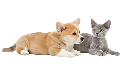 Obraz premium Lying Puppy and Kitten Posing Together on White Background Studio