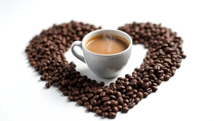 Minimalist coffee composition with heart-shaped beans and a hot espresso