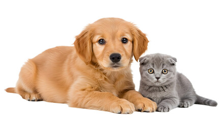 Fototapeta premium Laying Together Puppy and Kitten Posing Isolated on White Background