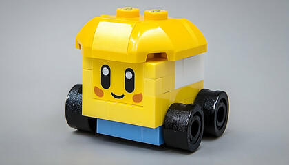 Obraz premium Yellow Toy Car Assembled from Plastic Blocks Featuring Black Wheels on a Gray Background with Smiling Face for Children's Creative Play