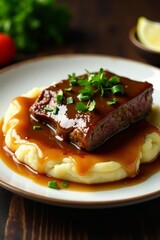 Fototapeta premium Succulent roast beef smothered in rich gravy on a bed of mashed potatoes, gravy, delicious, comfort food