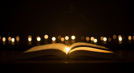Open book glowing in the dark - knowledge as illumination - for learning materials or library promotions.