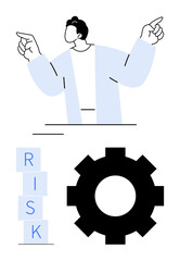 Man gesturing with confident posture, stacked RISK blocks, and gear icon. Ideal for decision-making, risk management, leadership, teamwork, problem-solving, planning abstract line flat metaphor