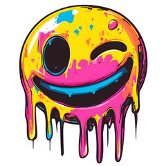 a Vector graphic design of a melting neon emojicon smiley face with one eye winking Make sure one eye is open the other is winking like the wink emoji vibrant