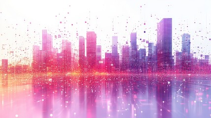 Vibrant City Skyline with Abstract Digital Effects and Reflections