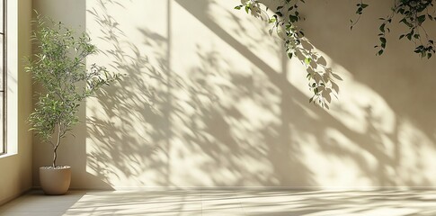 Plant and Shadow Play Creates a Tranquil Interior Scene with Sunlight