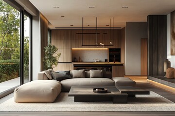 Sofa and Kitchen in a Modern and Bright Open Living Space