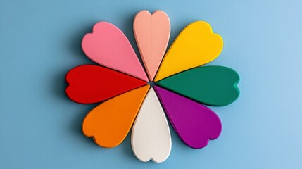 Fototapeta premium Colorful Heart-Shaped Pieces Arranged in Flower Pattern on Blue Background