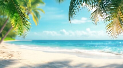 Fototapeta premium Tropical beach vacation travel destination with palm trees and blue ocean for summer holidays 2024