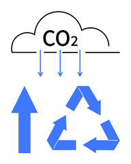 CO2 cloud with downward arrows connecting to blue recycling triangle and upward arrow. Ideal for sustainability, carbon footprint, recycling, environmental impact, climate change, eco-conscious