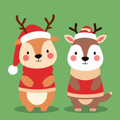 Fototapeta premium Kawaii Christmas Animals - Reindeer and Hamster with Santa Hat